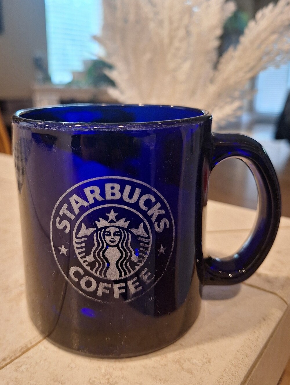 Starbucks Cobalt Blue Etched Glass Coffee Mug Vintage